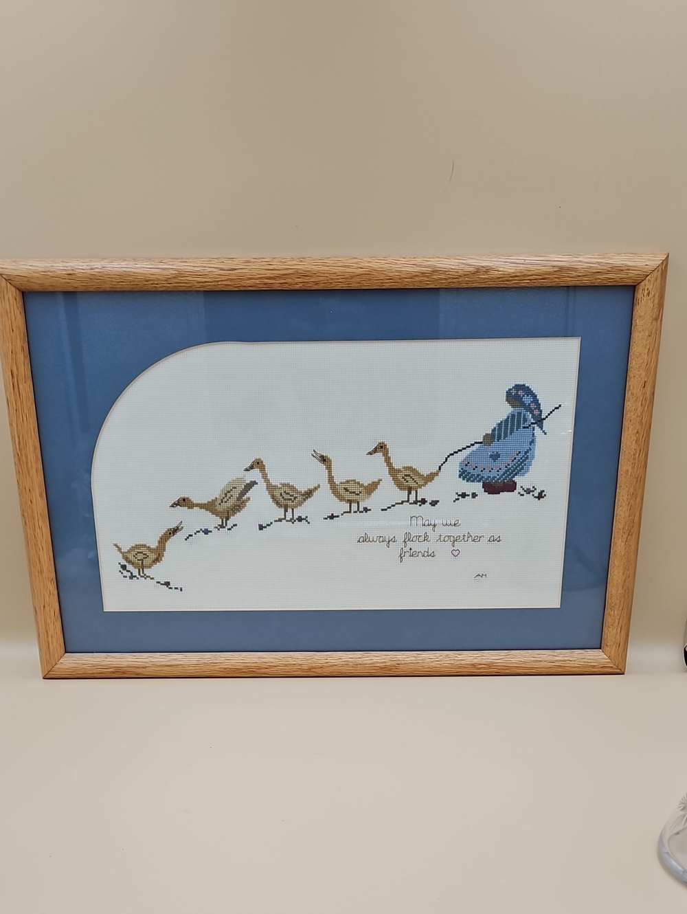 Framed Cross-Stitch Bird Friend Wall Art - Blue & Tan
